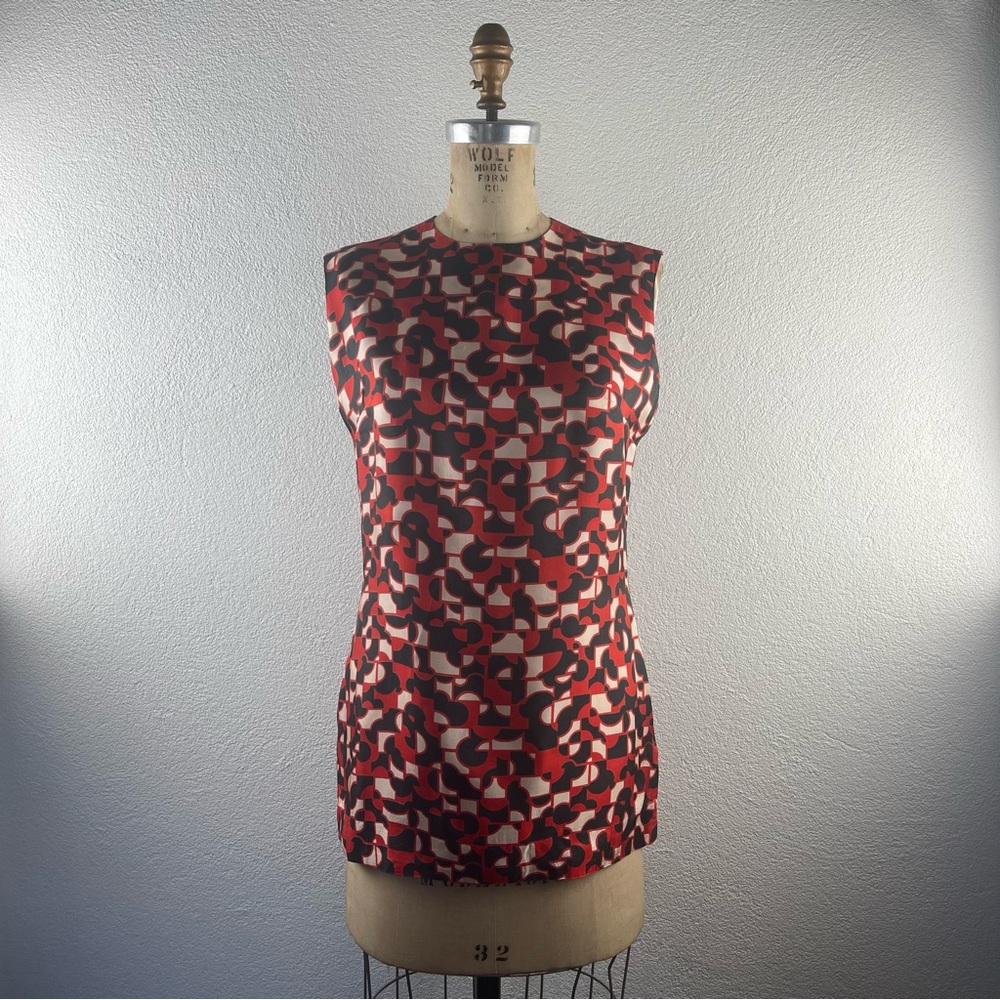 Vintage l 60s S Silky Abstract Geometric Puzzle Mod GoGo Sleeveless Shell Blouse